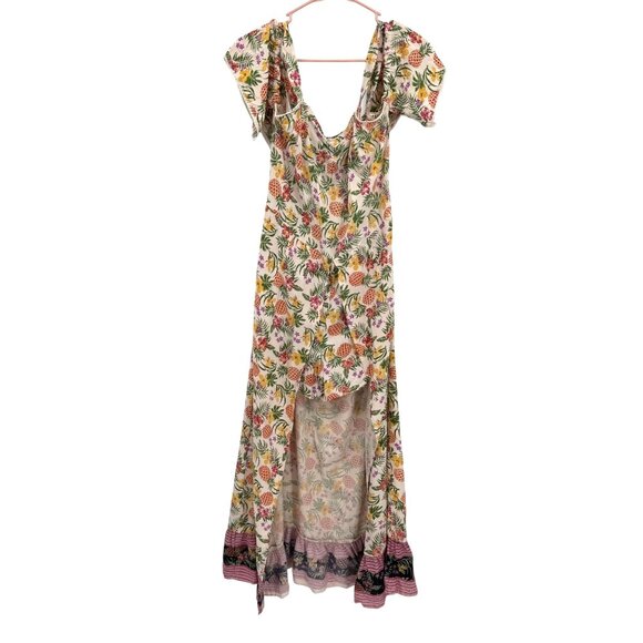 ANGIE Tropical Pineapple Hi Low Maxi Dress NEW Puff Sleeves Sweetheart Neck M - Picture 1 of 8